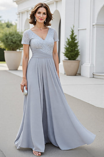 Sparkly Silver V Neck A Line Sequined Long Mother Of The Bride Dress
